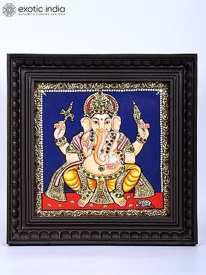 Chaturbhuja Lord Ganesha | 24 Karat Gold Work | Framed Tanjore Painting