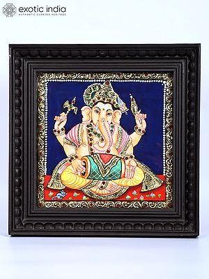 Lord Ganesha Playing Dholak | 24 Karat Gold Work | Framed Tanjore Painting