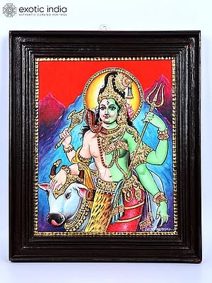 Ardhanarishvara (Shiva-Shakti) with Nandi | 24 Karat Gold Work | Framed Tanjore Painting