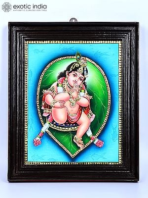 Bal Gopal on Pipal Leaf | 24 Karat Gold Work | Framed Tanjore Painting