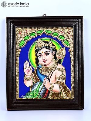 Blessing Lord Karttikeya | 24 Karat Gold Work | Framed Tanjore Painting