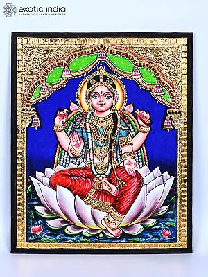 Blessing Goddess Lakshmi on Lotus | 24 Karat Gold Work | Tanjore Painting