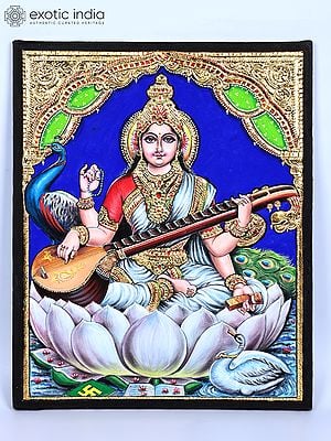 Devi Saraswati Seated on Shwet Kamal | 24 Karat Gold Work | Tanjore Painting