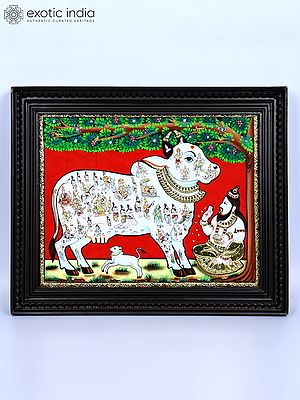 Goddess Kamadhenu Worshipped by Vashista | 24 Karat Gold Work | Framed Tanjore Painting