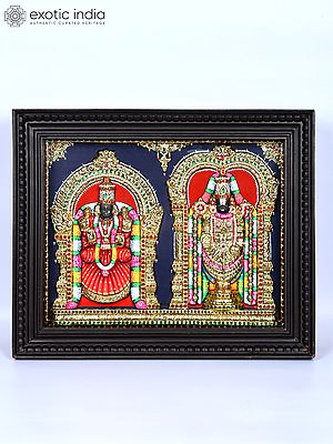 Lord Venkateshvara (Tirupati Balaji) with Goddess Padmavathi | 24 Karat Gold Work | Framed Tanjore Painting