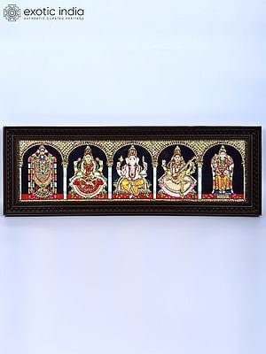 Five Hindu Gods and Goddesses : Tirupati Balaji (Venkateshvara), Lakshmi, Ganesha, Saraswati, and Karttikeya | 24 Karat Gold Work | Framed Tanjore Painting