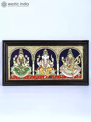 Lakshmi Ganesha Saraswati | 24 Karat Gold Work | Framed Tanjore Painting