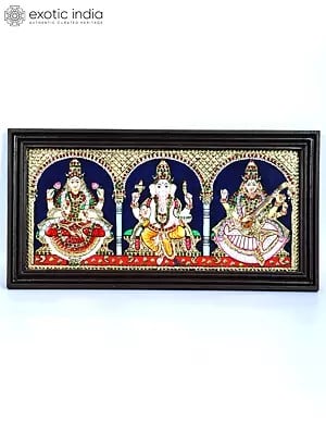 Lakshmi Ganesha Saraswati | 24 Karat Gold Work | Framed Tanjore Painting