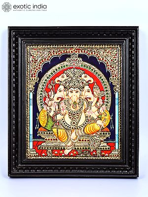 Five Headed Ten Armed Lord Ganesha Seated on Kirtimukha Throne | 24 Karat Gold Work | Framed Tanjore Painting