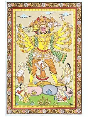 Ten Armed Panchamukhi Lord Hanuman | Pattachitra Painting