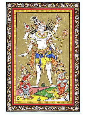 Standing Lord Shiva with Devi Ganga and Yamuna | Pattachitra Painting