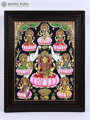 Ashtalakshmi - Eight Forms of Goddess Lakshmi | 24 Karat Gold Work | Framed Tanjore Painting