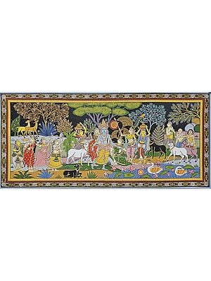 Krishna Rasleela With Radha And Gopis | Watercolor On Handmade Canvas