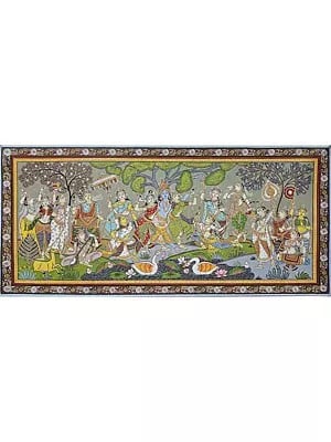 Pattachitra Painting- Radha Krishna With Gopis | Watercolor On Handmade Canvas