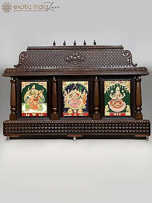 96" Large Goddess Saraswati, Rajarajeshwari and Lakshmi | Tanjore Temple Frame