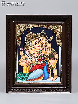 Devi Maa Parvati with Son Ganesha and Karttikeya (Murugan) | 24 Karat Gold Work | Framed Tanjore Painting