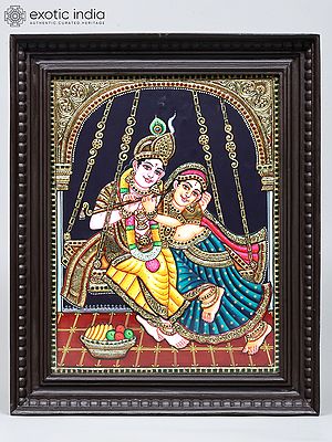 Radha Krishna on Swing | 24 Karat Gold Work | Framed Tanjore Painting