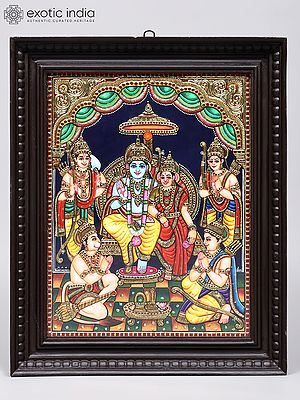 Ram Darbar (Ram, Sita, Lakshman, Hanuman, Bharat and Shatrughna) | 24 Karat Gold Work | Framed Tanjore Painting