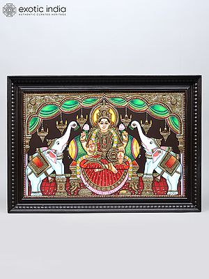 Blessing Goddess Gajalakshmi | 24 Karat Gold Work | Framed Tanjore Painting