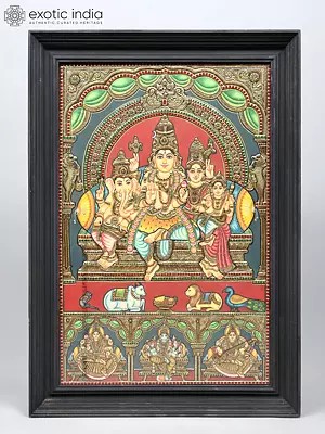 Lord Shiva Family Seated on Kirtimukha Throne | 24 Karat Gold Work | Framed Tanjore Painting