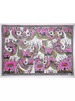 Elephants and Lotus - Madhubani Painting | Alcohol Markers and Fineliners on Paper | by Ruchi