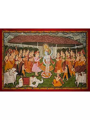 Lord Krishna lifting Govardhan Mountain on his Little Finger | Pichwai Painting on Cotton | by Narendra