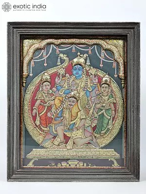 Shri Hari Vishnu Seated on Garuda with Sridevi and Bhudevi | 24 Karat Gold Work Embossed Tanjore Painting | With Vintage Frame