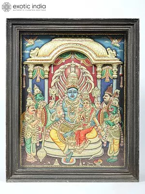 Vishnu-Lakshmi Seated on Sheshnag with Garuda and Hanuman Standing Beside Them | Embossed Tanjore Painting with 24 Karat Gold Work | With Vintage Frame
