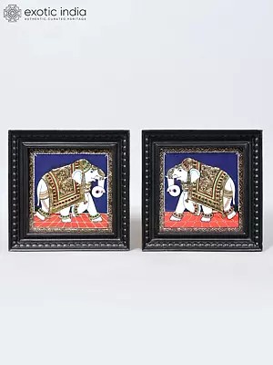 Pair of Elephants | Framed Tanjore Paintings with Gold Work