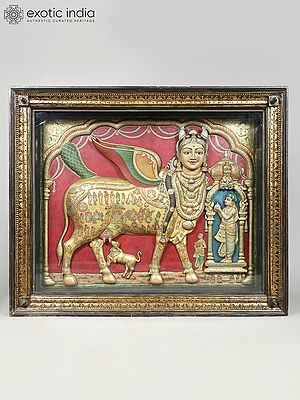 Large Goddess Kamadhenu - Divine Wish-Fulfilling Cow with Sage Vashista | Embossed Tanjore Painting with 24 Karat Gold Work