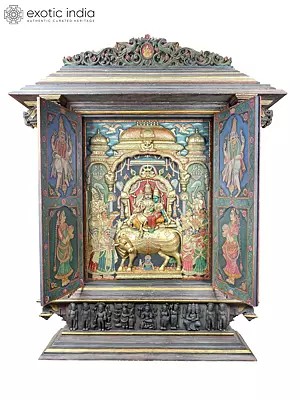 Huge Tanjore Mandapam of Lord Shiva and Parvati (Pradosha Moorthy) | Shipped by Sea Overseas | 24 Karat Gold Work