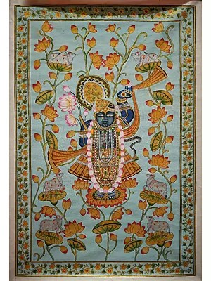 Lord Shrinathji Standing on a Lotus Flower | Pichwai Painting on Cotton | by Narendra