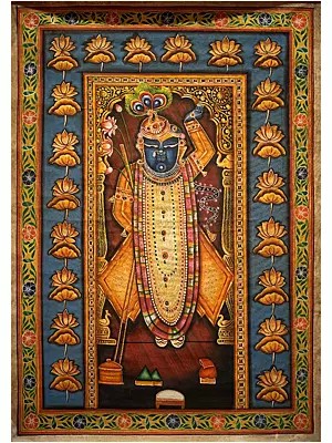 Lord Shrinathji Motif with Vibrant Lotus Border | Pichwai Painting on Cotton | by Narendra