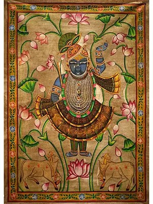 Lord Shrinathji with Cow and Lotus | Pichwai Painting on Cotton | by Narendra