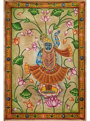 Lord Shrinathji Standing on a Lotus | Pichwai Painting on Cotton | by Narendra