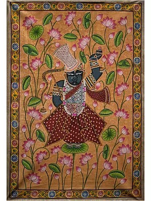 Lord Shrinathji Standing on a Lotus Leaf | Pichwai Painting on Cotton | by Narendra