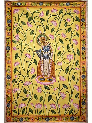 Lord Shrinathji Standing on a Lotus and Playing the Flute | Pichwai Painting on Cotton | by Narendra