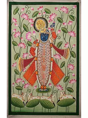 Lord Shrinathji with Cows | Pichwai Painting on Cotton | by Narendra