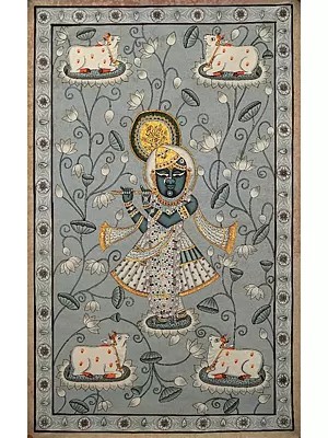Lord Shrinathji Playing the Flute | Pichwai Painting on Cotton | by Narendra