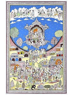 Lord Rama Returning to Ayodhya in Pushpak Viman - Celebration View | Superfine Pattachitra Painting from Odisha