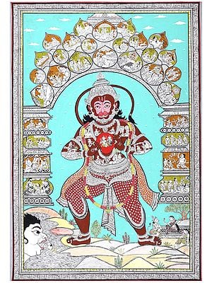 Standing Lord Hanuman with Episodes of Ramayana | Superfine Pattachitra Painting from Odisha