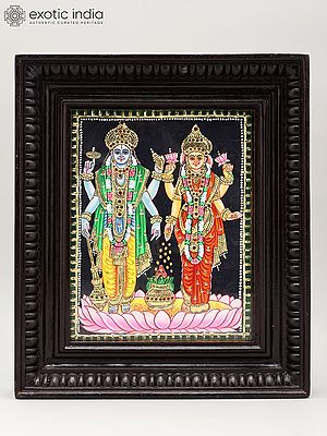 Chaturbhuj Vishnu with Lakshmi | Tanjore Painting with Frame | Traditional Colors with Gold Foil Work