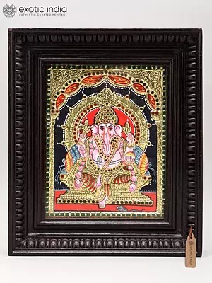 Lord Ganesha on Throne | Tanjore Painting with Frame | Traditional Colors with Gold Foil Work
