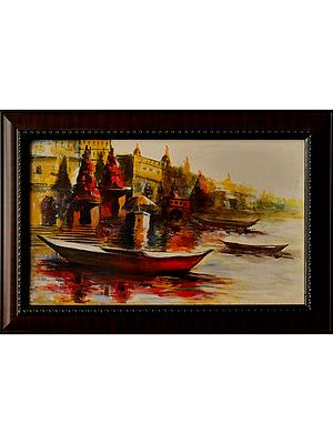 Boats on the Holy Ganga | Acrylic Painting on Canvas | Unframed | by Raj Kumar Singh