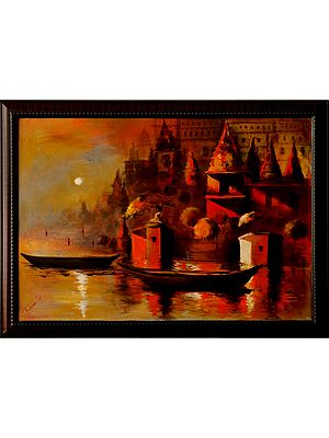 Boat in the River | Acrylic Painting on Canvas | Unframed | by Raj Kumar Singh