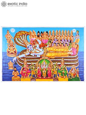 Sheshashayi Lord Vishnu Worshipped by Gods | Oil on Canvas Painting