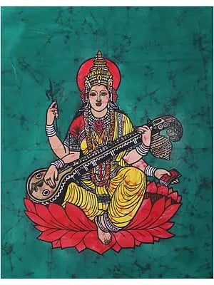 Devi Saraswati Seated on Lotus | Batik Painting
