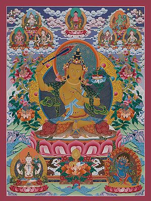 Buddhist Deity of Manjushri Stunning Thangka Artwork (Brocadeless)