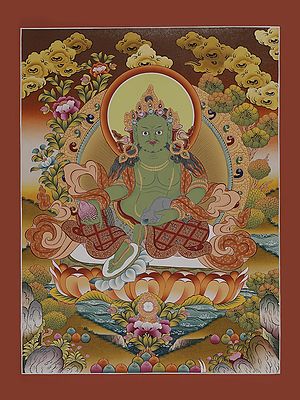 Tibetan Buddhist God of Wealth - Kubera (Brocade-less Thangka)