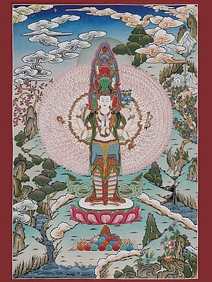Avalokiteshvara Thangka Painting (Brocadeless Thangka)